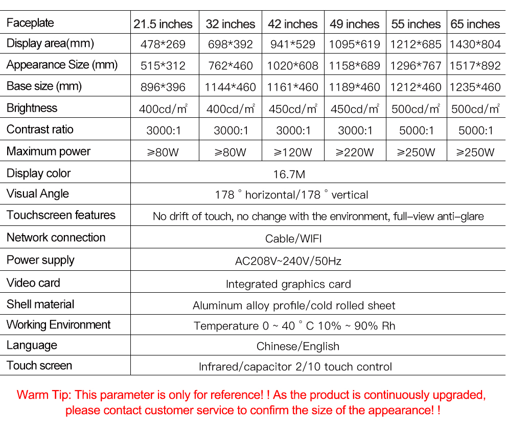 Core parameters of horizontal touch all-in-one machine